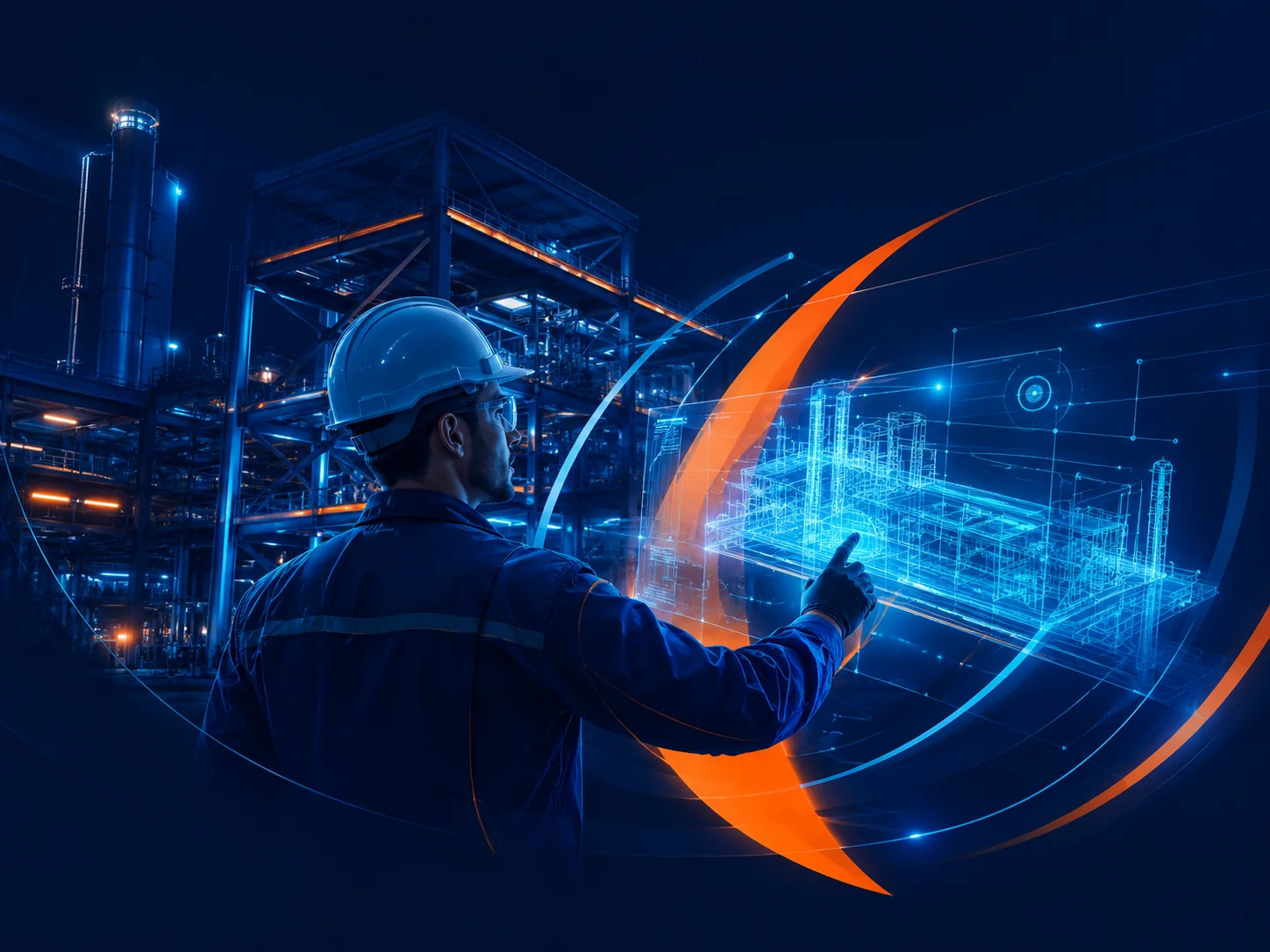Engineer reviewing holographic industrial schematics