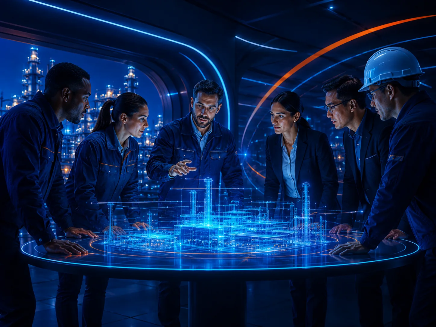 Engineering team coordinating an industrial holographic model